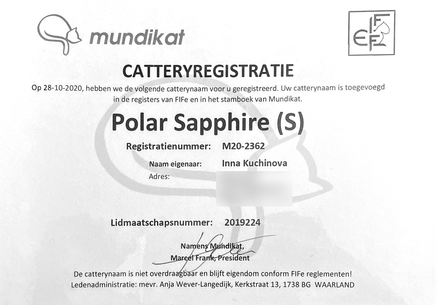 Cattery registration certificate
